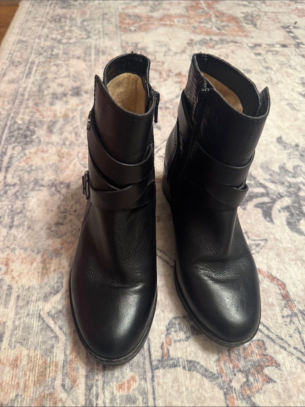 Naturalizer Black Leather Buckle Strap Ankle Boots